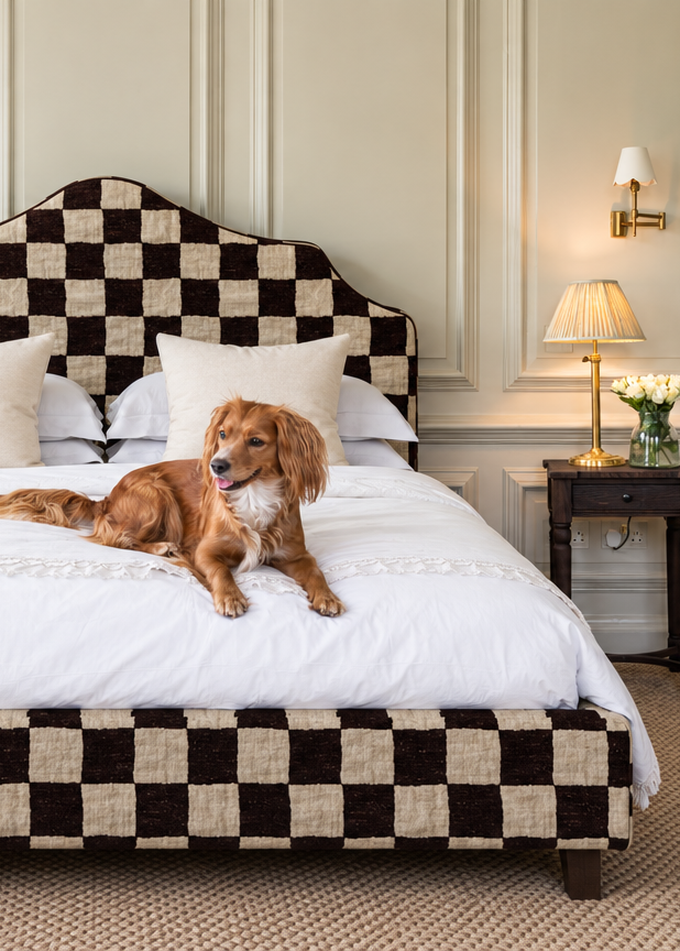 A brown and beige checkered upholstered bed with a matching headboard and footboard, styled in a classic bedroom with a golden retriever lying on the white bedding. A dark wood nightstand with a lamp is on the left.